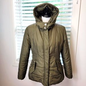 New York & Co. Puffer parka removable hoodie women M metalic green